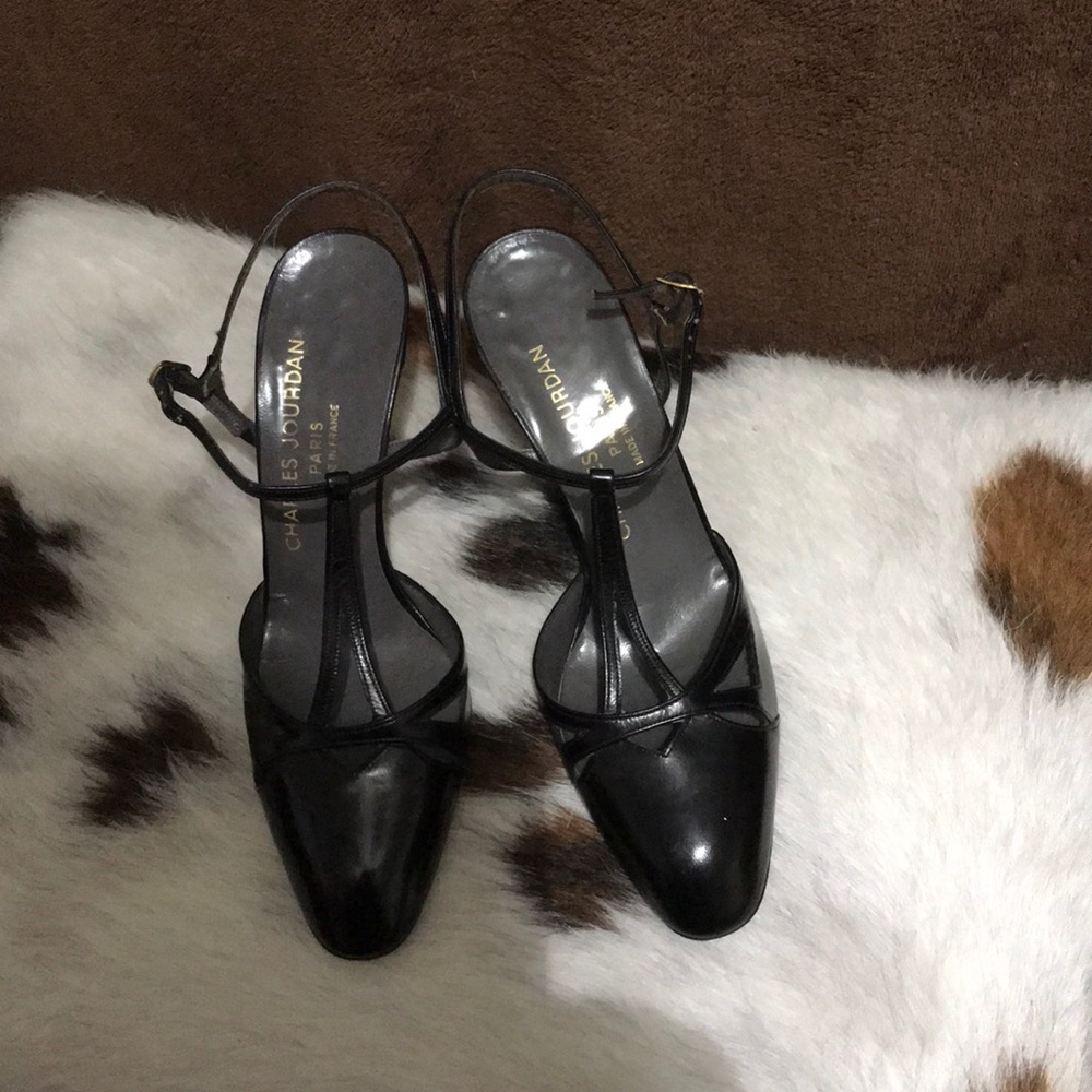 Size 5 1/2B Black Patton Sling Back - Gold Buckle